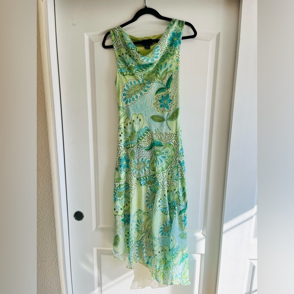 VTG B.I.Y.A.Y.C.D.A. Y2K Cowl Neck Asymmetric Chiffon Midi Dress Green Teal Sz 6
